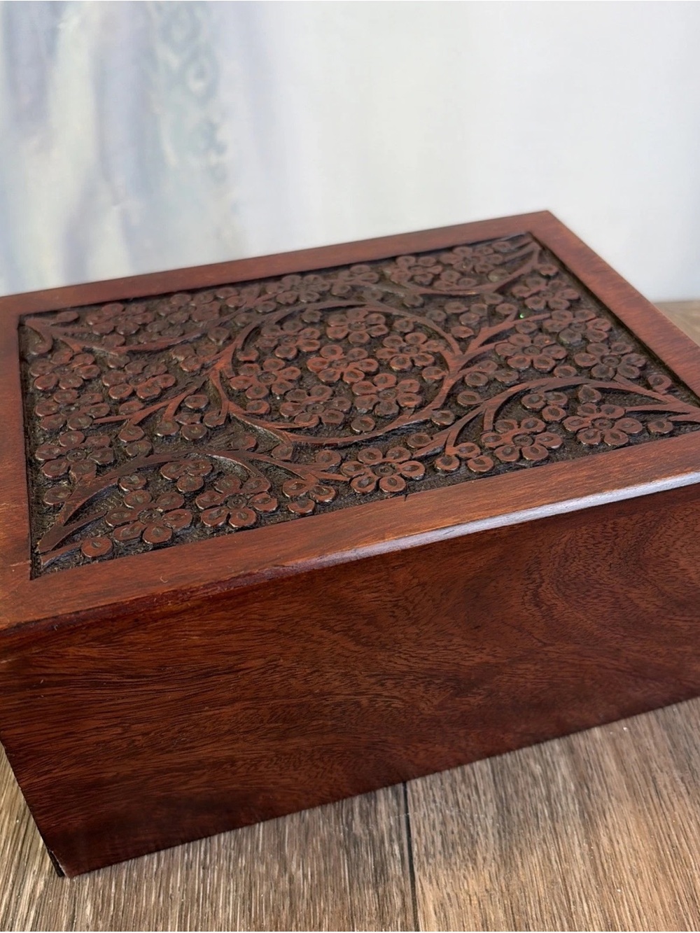Hand-Carved Wooden Storage Box in Dark Brown